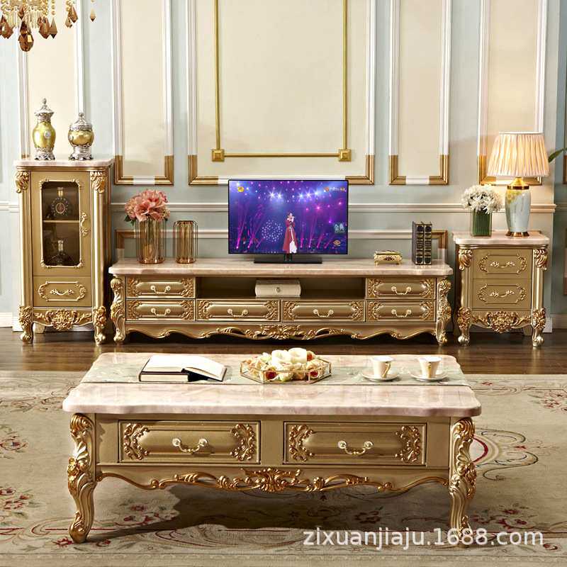 紫萱家具 欧式高档茶几电视柜组合 实木雕刻大理石茶桌香槟金色