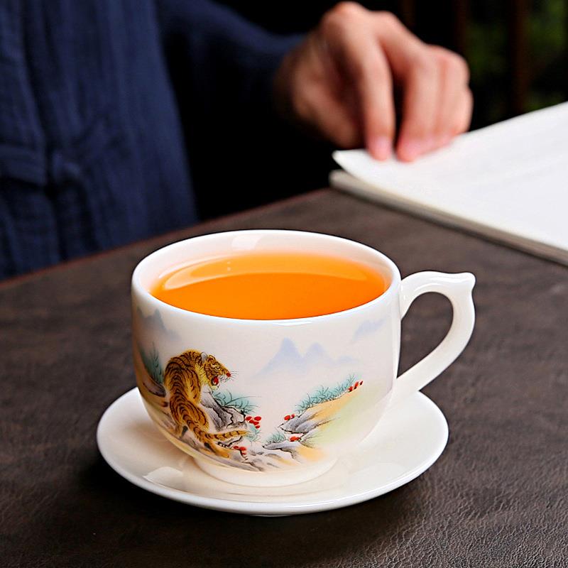 12生肖羊脂玉瓷大号咖啡杯带底碟隔热带把中国白茶杯主人杯