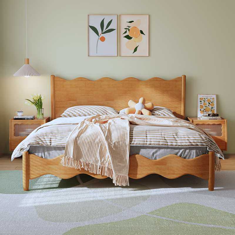 北欧全实木床1米8双人床卧室家具樱桃木色波浪床日式原木风木床