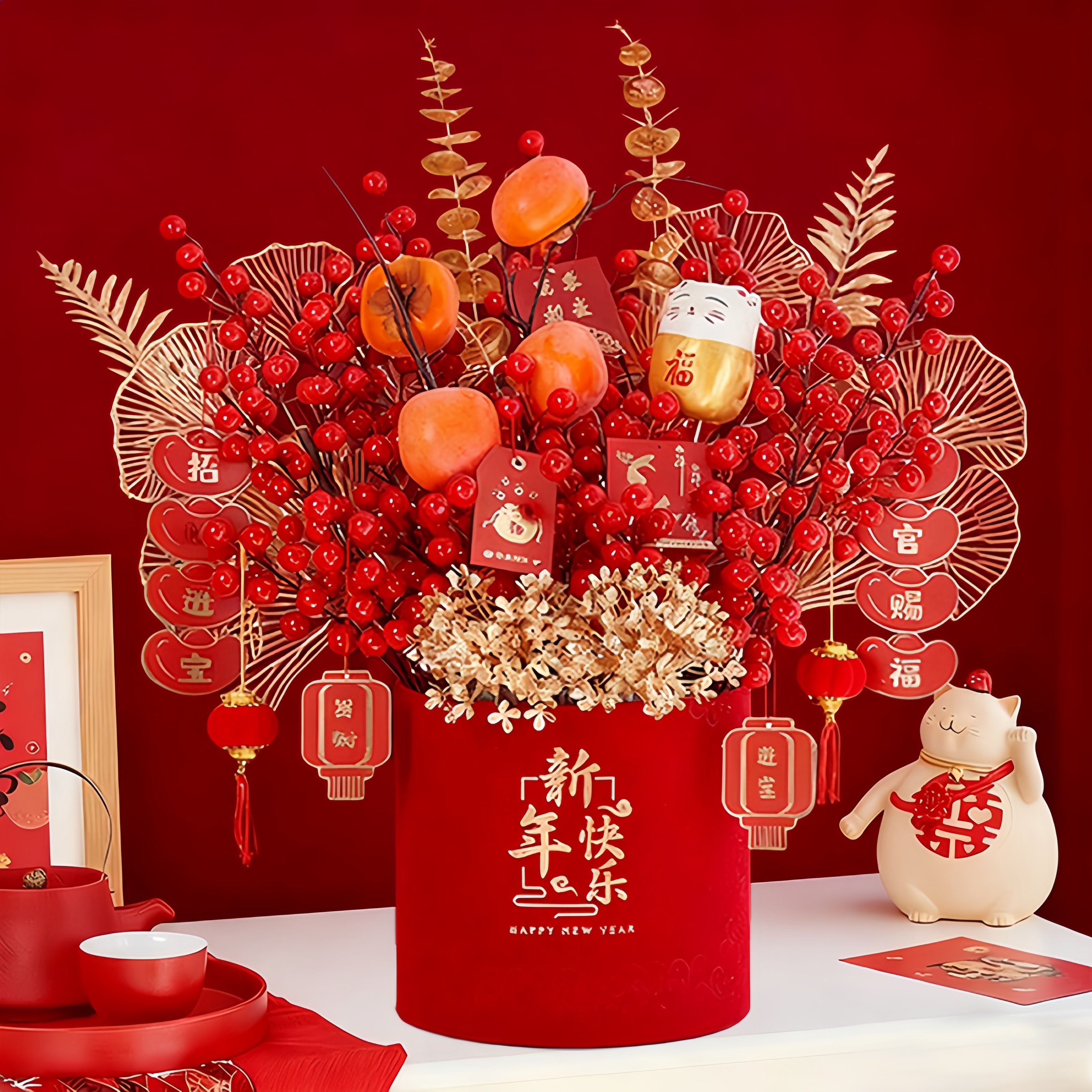 结婚花束仿真年宵花乔迁入宅福桶过年插花发财果红果客厅摆件装饰,家居饰品,仿真花/假花,淘宝优惠券,粉丝福利购,淘宝优惠卷