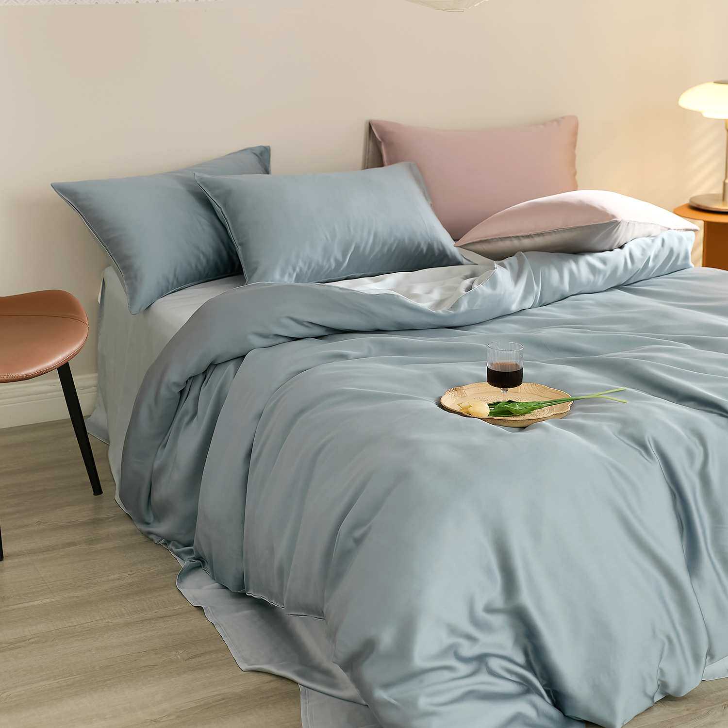 莱赛尔高支数夏季四件套凉感拼色亲肤纯色现货被套天丝丝滑套件