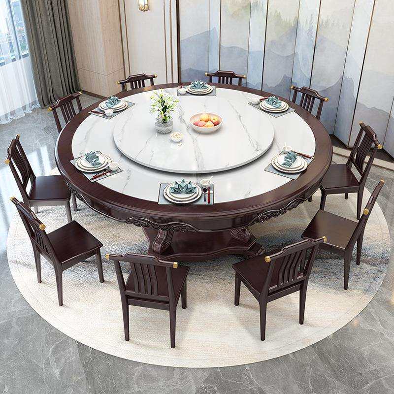 新中式实木餐桌椅组合12人酒店商用饭桌电动转盘1.8m内嵌岩板圆