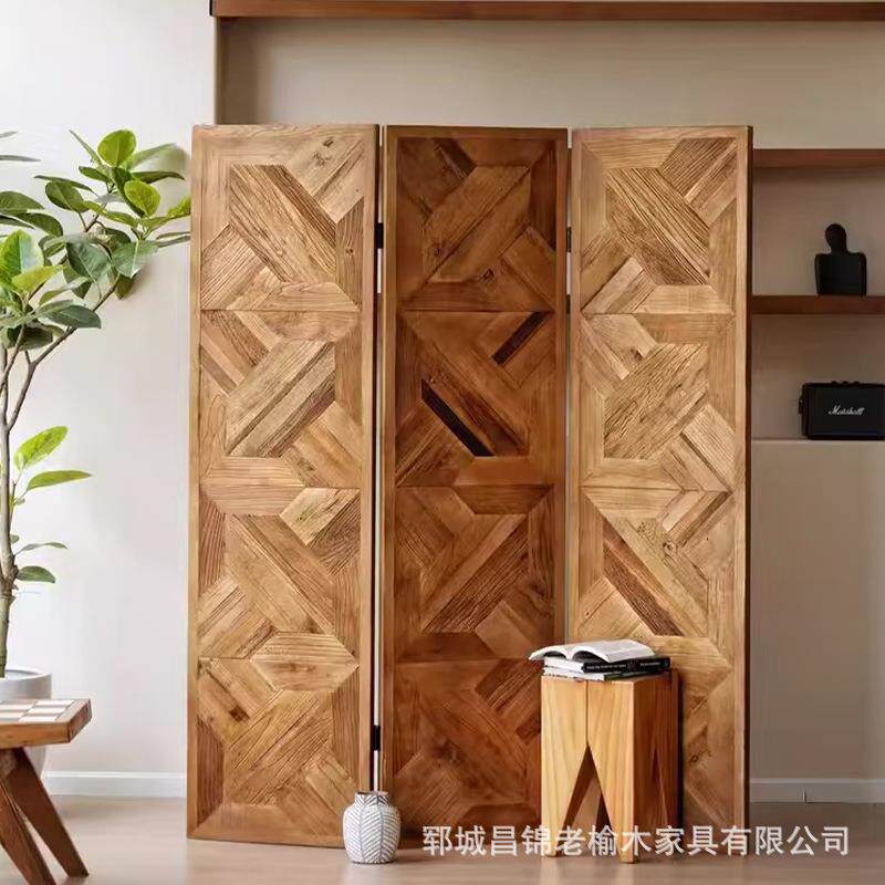 中古老榆木拼花屏风玄关隔断墙餐厅分隔屏风实木三扇折叠移动屏风