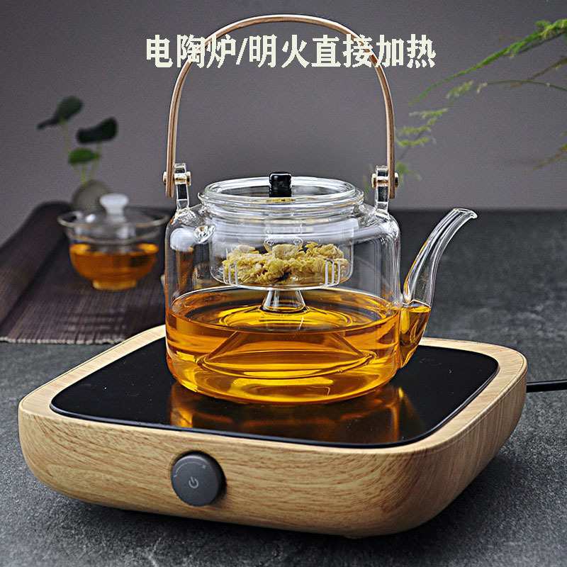 高硼硅玻璃茶壶竹把提梁花草茶壶可电陶炉加热煮茶壶办公室泡茶壶