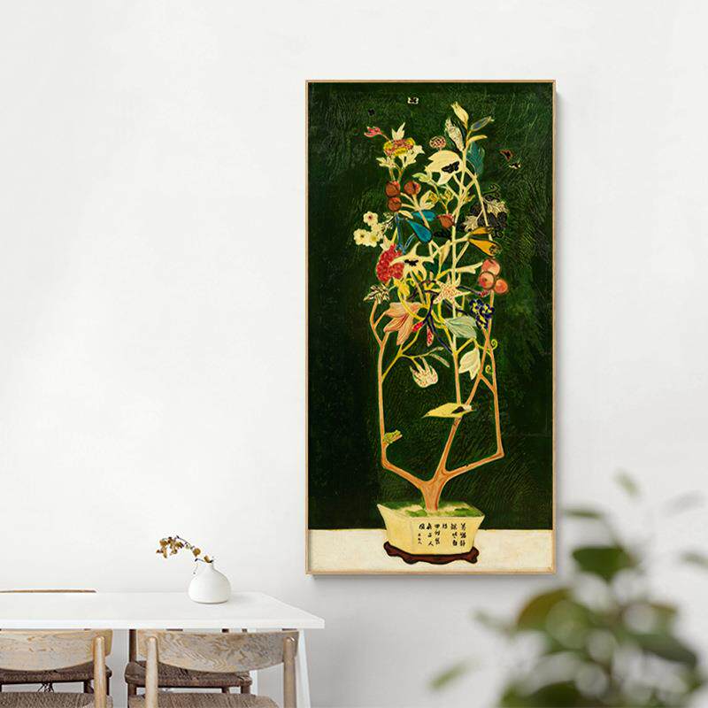常玉新中式客厅装饰画餐厅油画北欧花卉画竖版过道玄关盆栽挂画