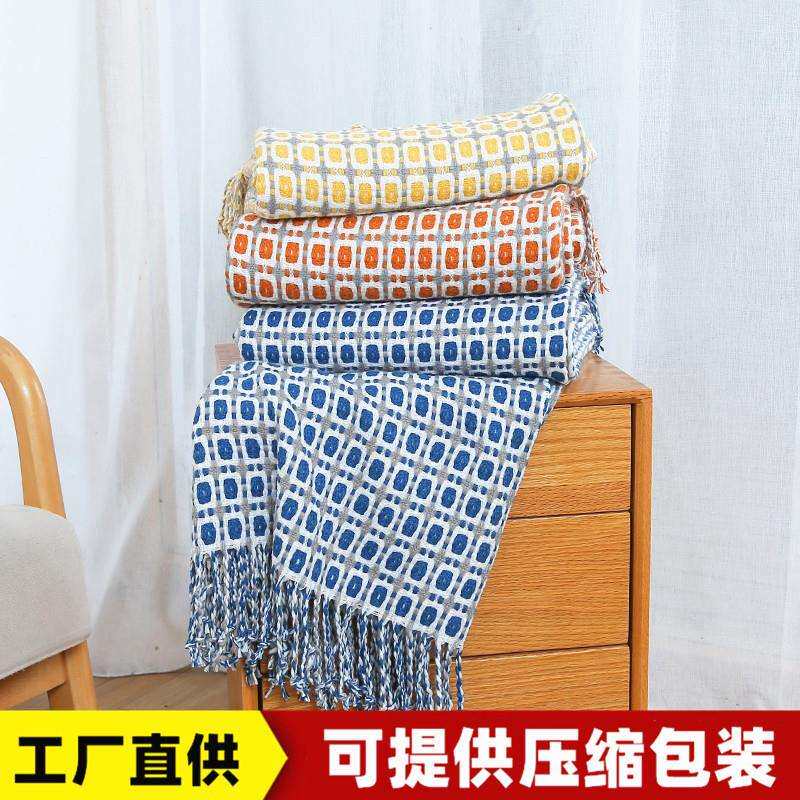 沙发毯盖毯千鸟格流苏小毛毯子民宿方格搭巾夏季午休午睡毯