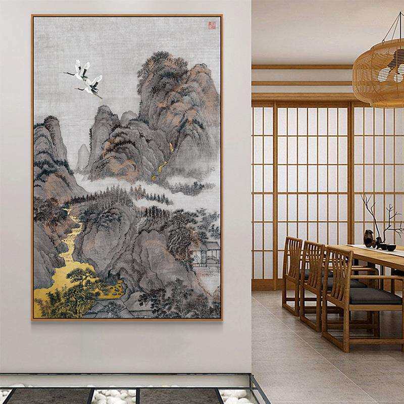 新中式挂画水墨山水画入户玄关画仙鹤金色书房装饰画古典艺术墙画