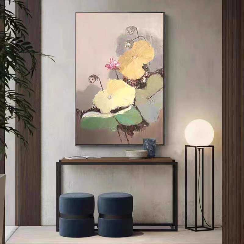 纯手绘新中式禅意装饰画抽象荷花油画客厅玄关高端金色挂画落地画