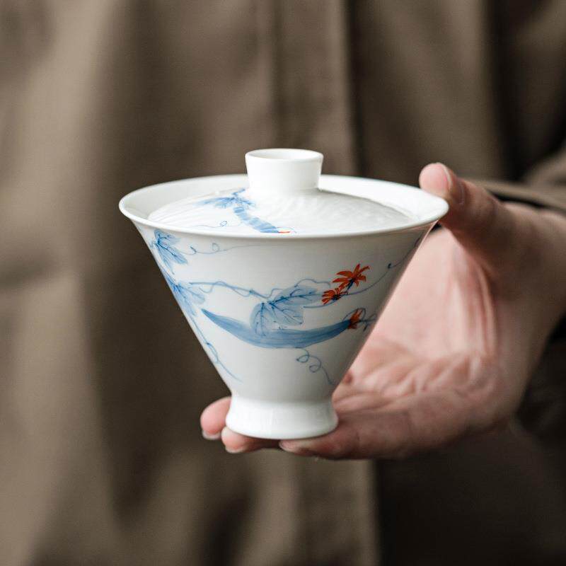 德化手绘丝瓜斗笠盖碗单个高档家用防烫泡茶碗白瓷敬茶碗带盖大号
