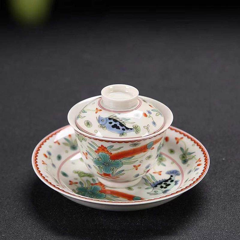 仿古三才盖碗单个不烫手茶杯高端陶瓷茶具功夫带盖大号泡茶碗家用