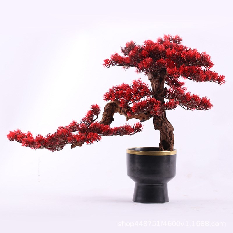新中式崖柏杜鹃根实木仿真松树摆件红色仿真花艺装饰品酒店工艺品