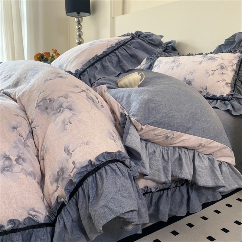 2025新款高端提花水洗亚麻四件套复古法式花边被套轻奢高级床单