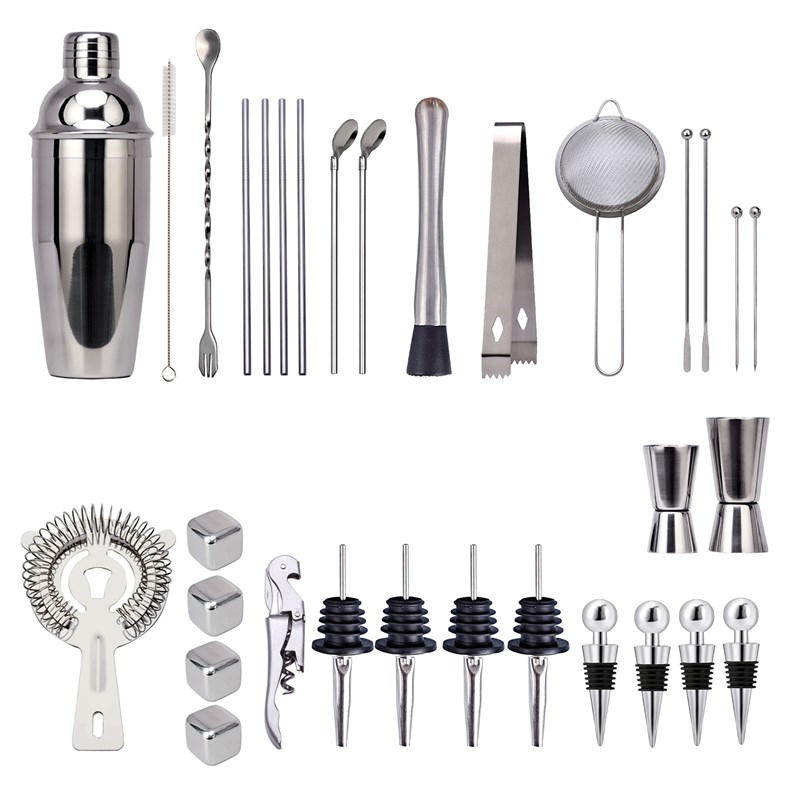 33件不锈钢调酒器鸡尾酒雪克壶摇杯摇酒器收纳架波士顿调酒器套装