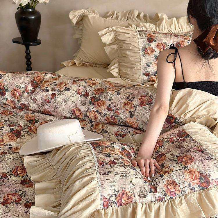 复古风法式玫瑰水洗棉四件套纯棉超柔裸睡被套床裙款花边床上用品