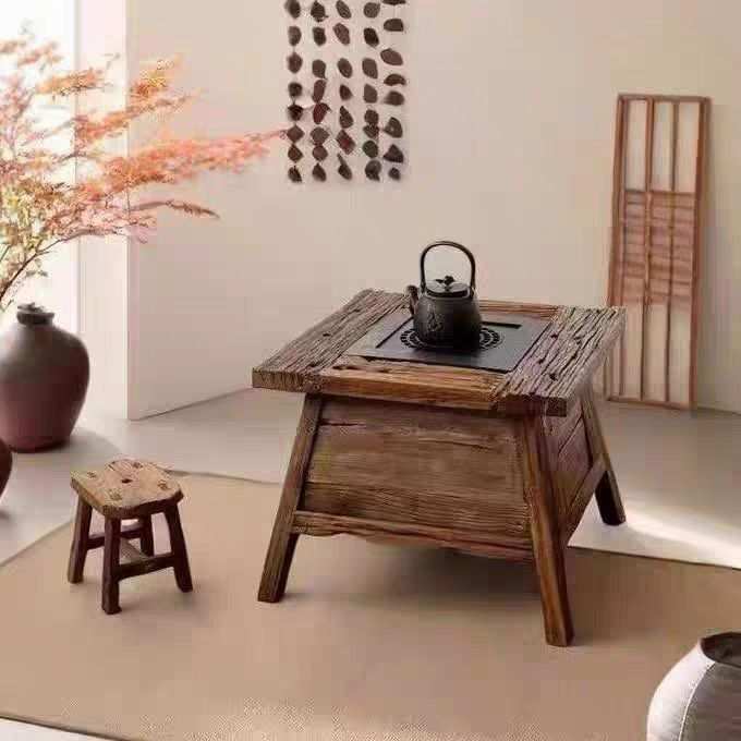 实木围炉煮茶火塘小方桌榆木茶台家用阳台民宿原木茶几茶椅茶桌
