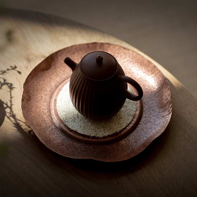 锤纹壶承纯铜干泡盘手工荷叶小茶盘茶壶托盘茶托壶垫茶具配件