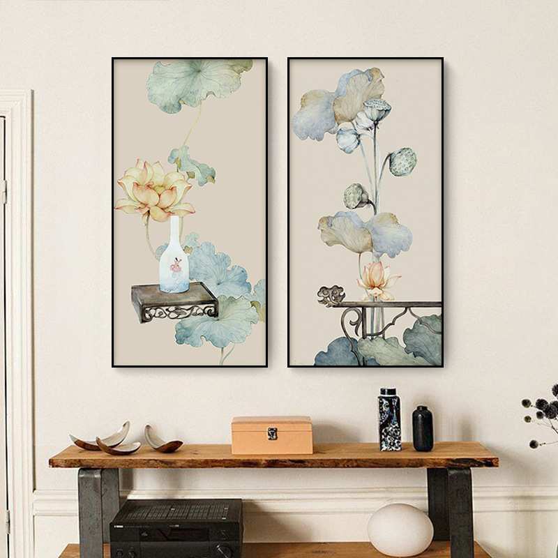 新中式玄关油布荷花画入门玄关装饰画客厅挂画新中式中国风墙壁画