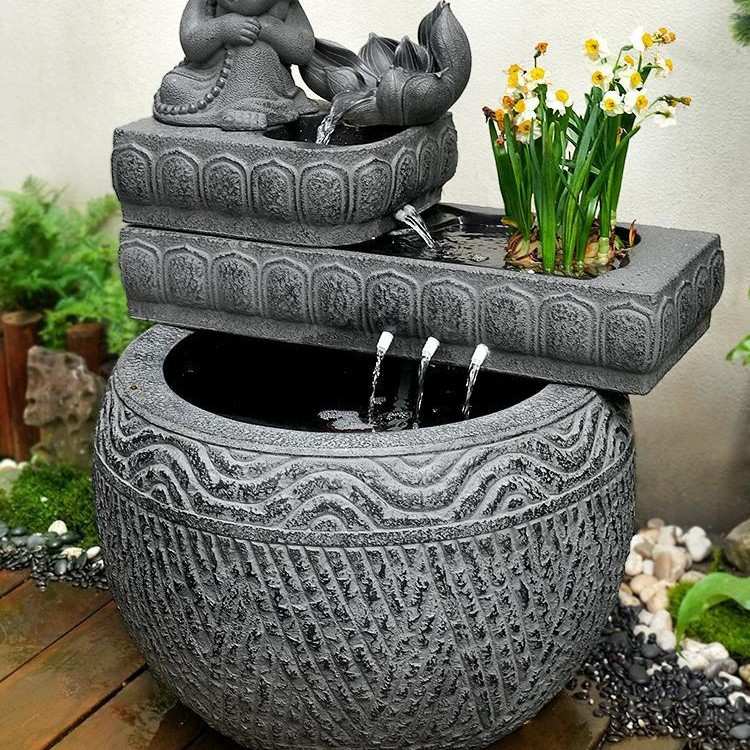 室外禅意流水鱼池造景水系景观庭院花园户外喷泉成品鱼缸仿石水槽