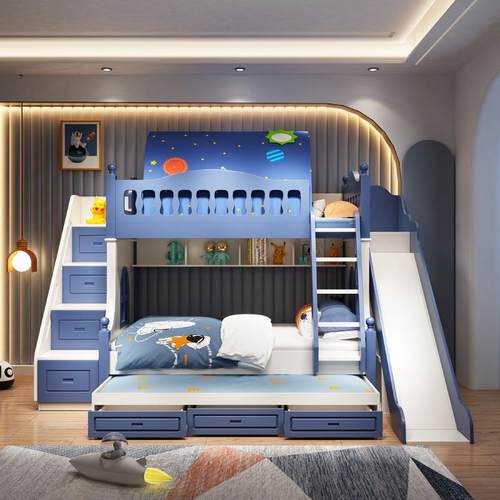 儿童床男孩双层床高低床上下铺子母床实木上下床滑滑梯床时尚简约