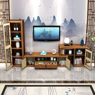 中式实木电视柜组合墙柜客厅家用高低高矮柜酒柜收纳影视柜视听柜