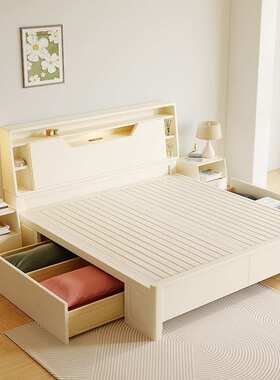 白色实木床工厂直销现代简约1.5米北欧轻奢主卧1.8米双人储物婚床