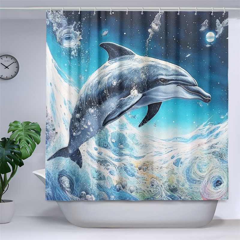 干湿两用海豚大海浴帐免打孔隔断帘卫生间涤纶防水浴帘