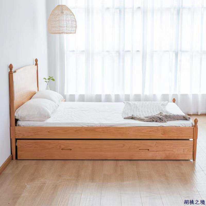 子母抽拉拖床四人床双层床主卧床拖床现代樱桃黑胡桃小户型抽拉