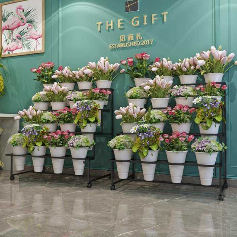花店鲜花展示架多层阶梯花架摆花带万向轮铁艺架子花桶塑料花筒