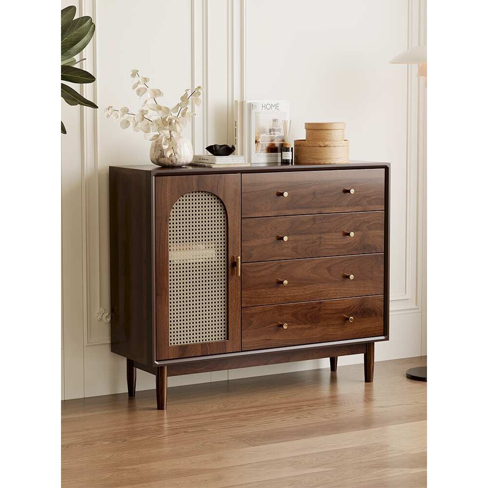 斗柜客厅收纳柜小立柜复古藤编实木腿置物柜卧室靠墙储物柜抽屉柜