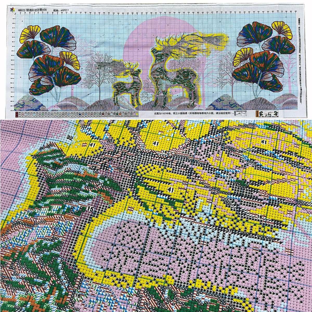 跨境代发大幅满绣十字绣银杏叶发财鹿新款客厅家居装饰画印花刺绣