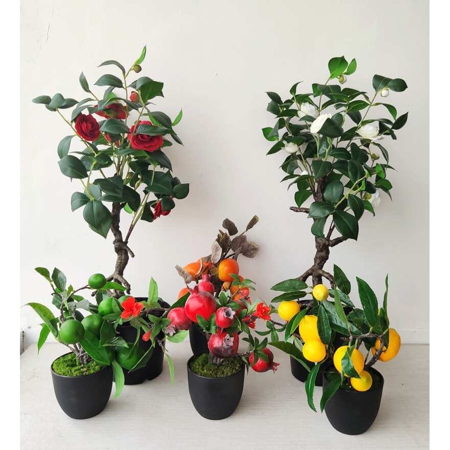 中式仿真山茶花柠檬树石榴果盆栽植物盆栽家居绢花摆放花卉民宿茶