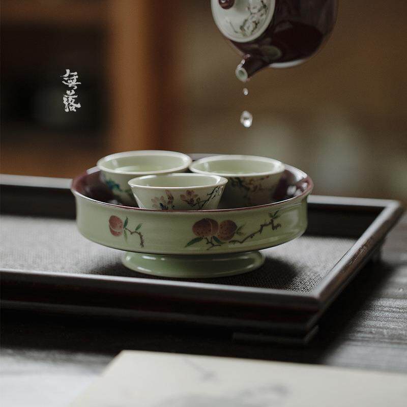 无落景德镇葡萄紫釉下粉彩手绘桃真书怀壶承干泡茶席干泡盘茶