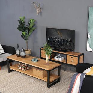 工业风复古双层茶几实木家用多功能茶桌客厅落地式茶几电视柜组合