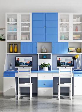 实木大童电脑桌双人书桌书架组合书桌书柜一体儿童写字桌学生家用