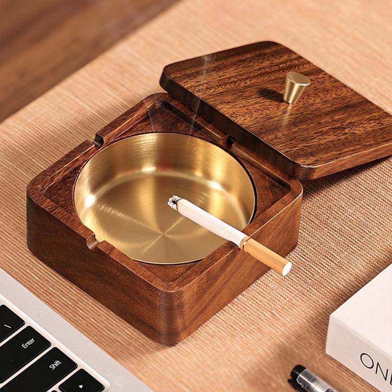 南美胡桃木烟灰缸创意家用办公带盖实木圆形金色圆形烟灰缸