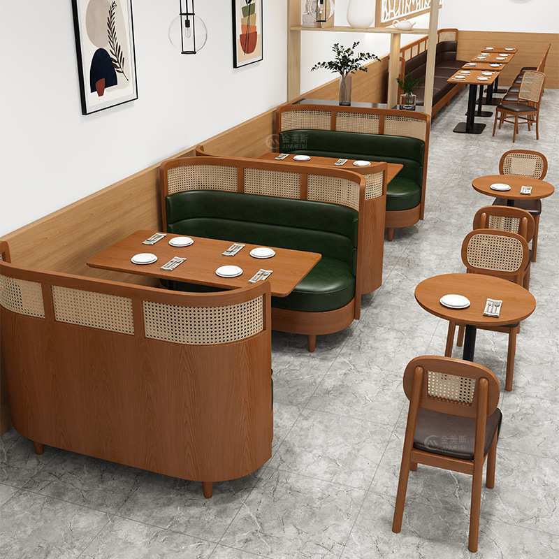 咖啡店桌椅组合复古简约设计师实木编藤椅甜品店冷饮店休闲桌椅