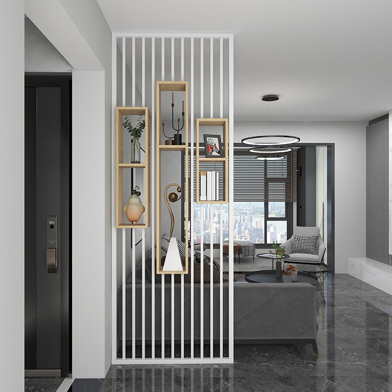 轻奢铁艺不锈钢入户玄关现代简约客厅装饰屏风隔断实木置物架