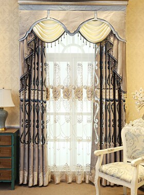 新款欧式大气客厅窗帘双层豪华窗幔成品卧室定制纱帘灰色绒布