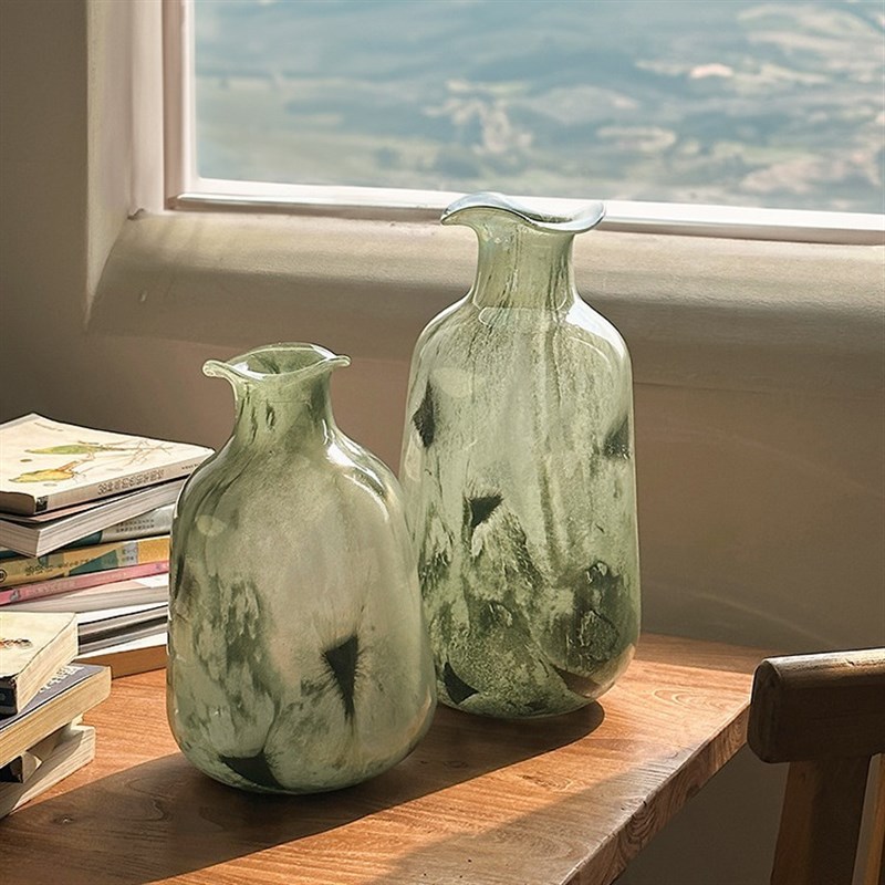 绿色中古玻璃花瓶摆件创意水养客厅电视柜玄关插花装饰品法式琉璃