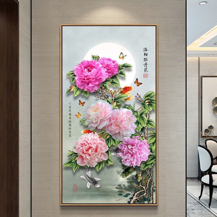 5d钻石画2022年新款满钻客厅竖版点贴钻玄关画花开月圆十字绣2021