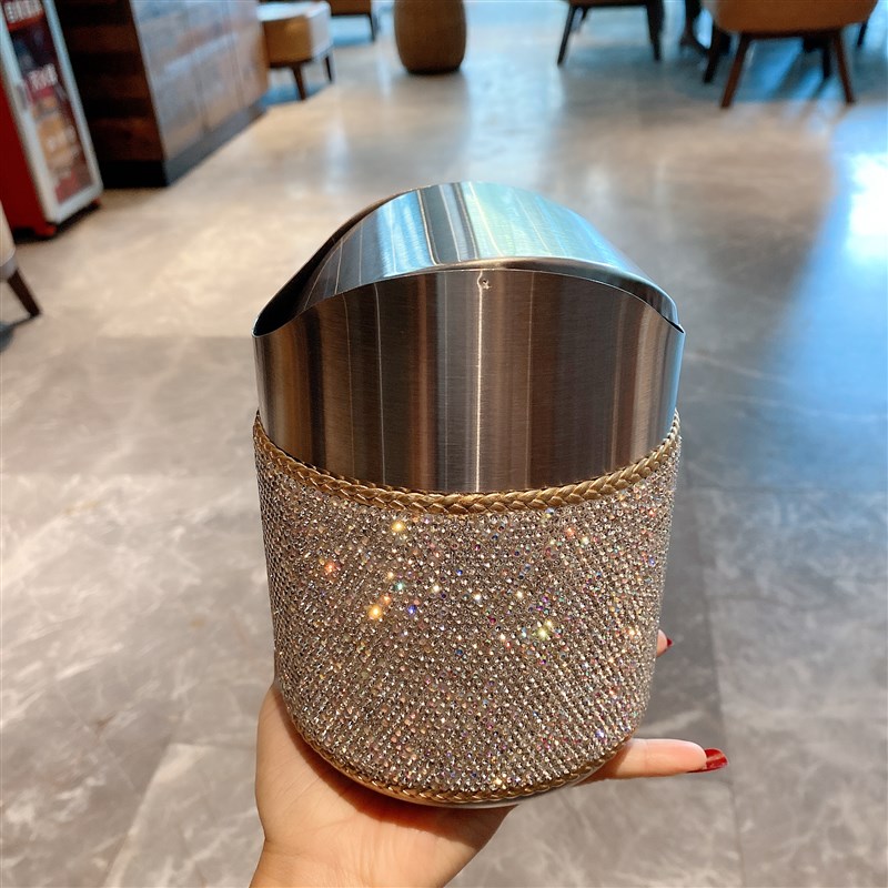 镶钻桌面垃圾桶迷你摇盖车载不锈钢办公室卧室桌上家用带盖收纳桶