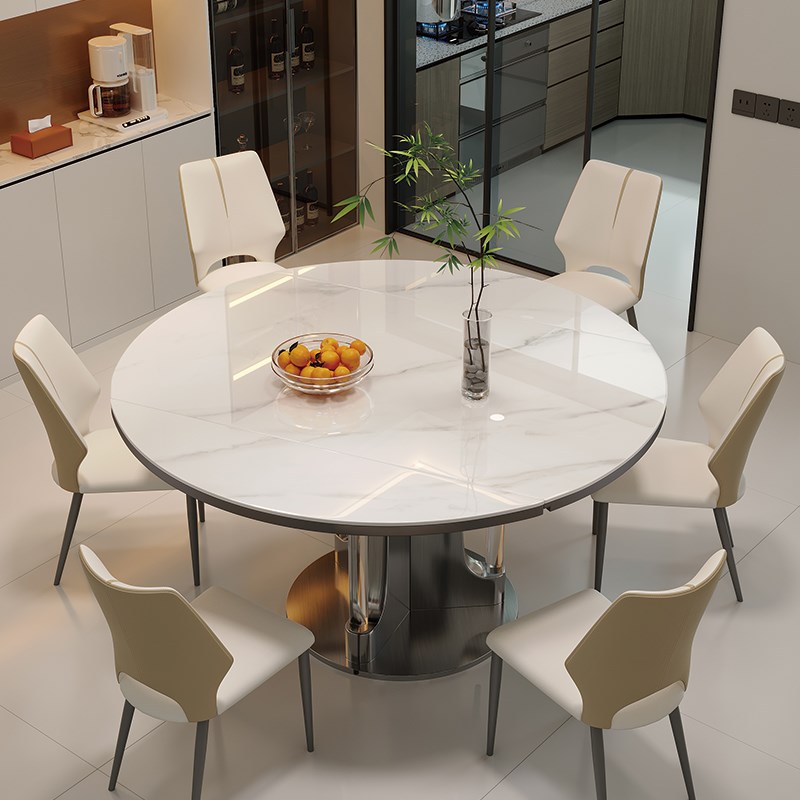 现代简约家用高端饭桌2024新款小户型圆桌可伸缩方圆两用岩板餐桌
