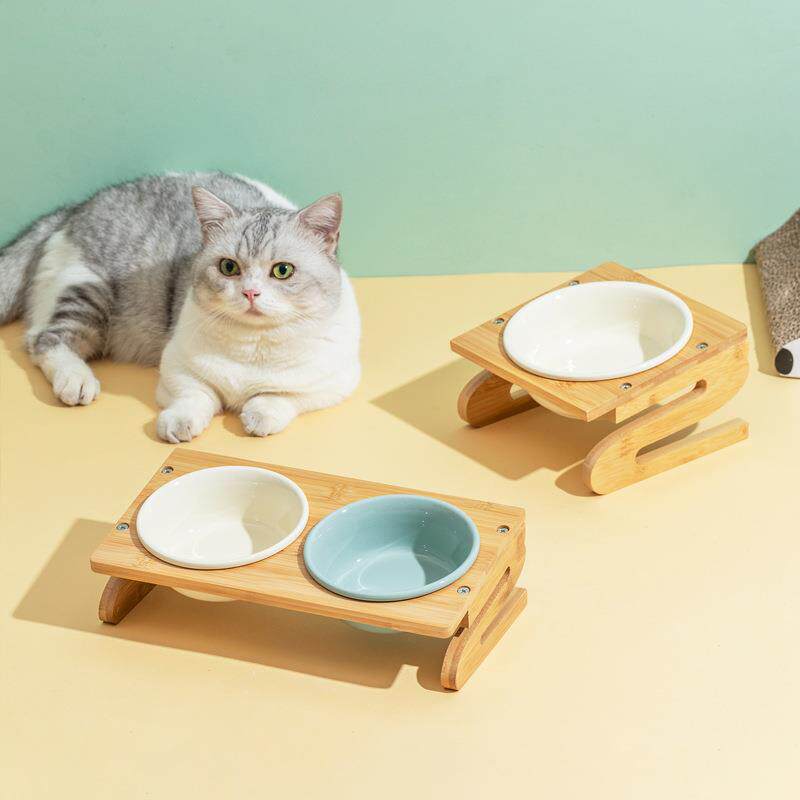 德国陶瓷竹木猫碗猫咪食盆猫咪粮碗倾斜饮水碗双碗保护颈椎宠物碗