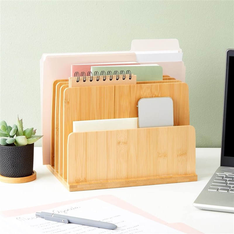 竹木收纳整理架简约办公桌文件夹多格分类学生文具资料信件置物架