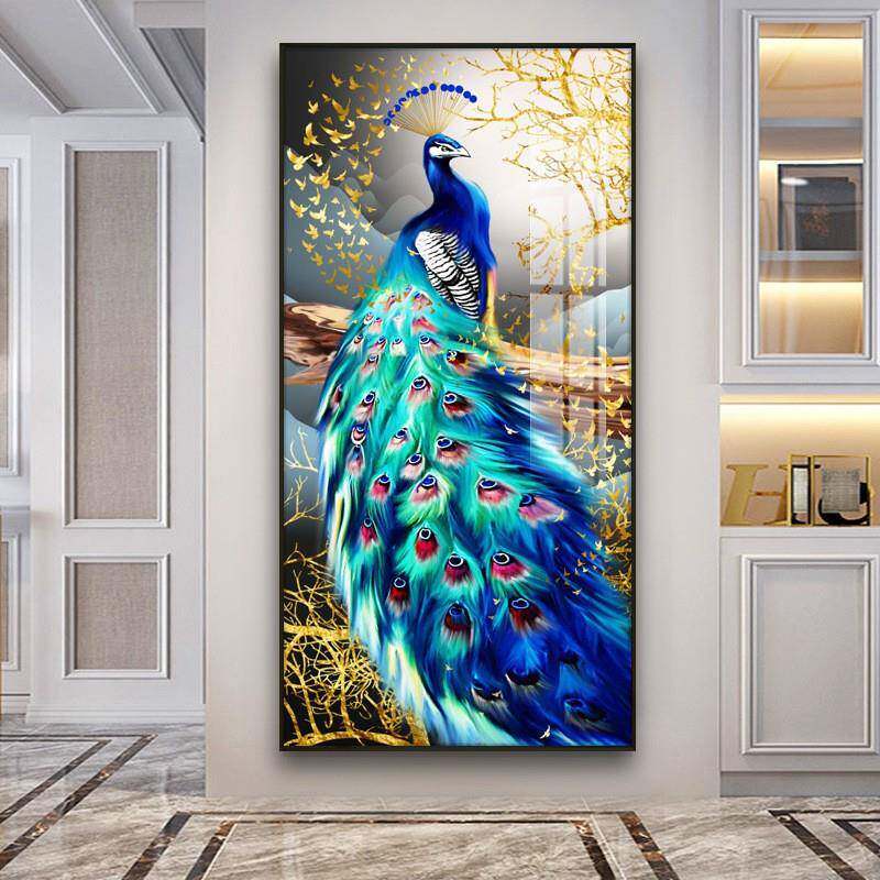 5d钻石画满钻新款现代客厅玄关竖版卧室欧式点钻十字绣孔雀钻石画