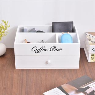 实木桌面杂物收纳盒带抽屉木质首饰整理柜桌面收纳盒