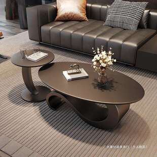 轻奢现代简约网红客厅家用极简组合意式黑色岩板椭圆形茶几小户型