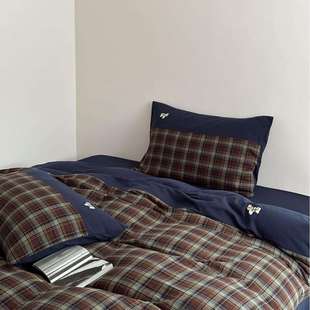 法式少女心全棉双层纱四件套蕾丝格子皱皱纱纯棉床品