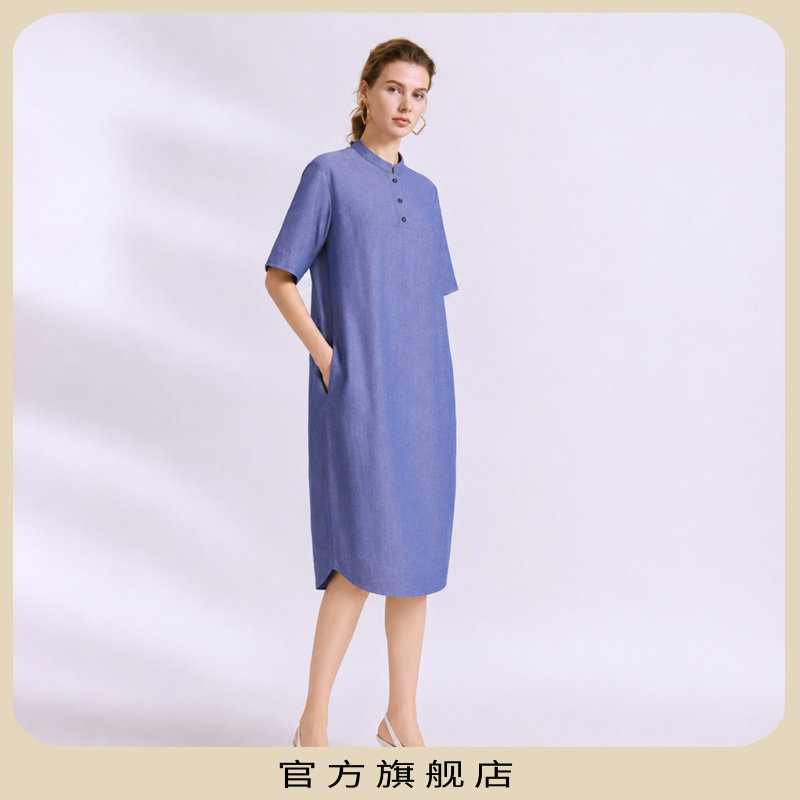 品质麻感梭织茧型宽松立领连衣裙