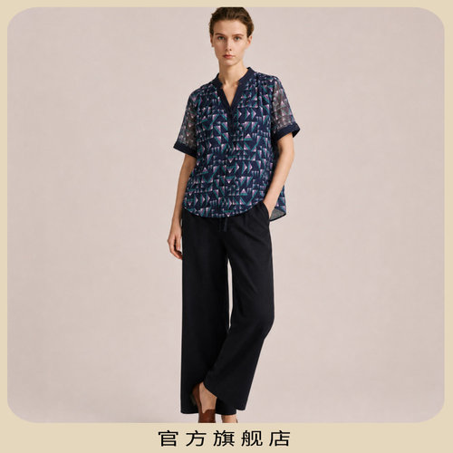 夏季女藏蓝底三色印花衬衫